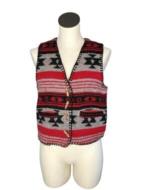 AtLast Vest Wool Blend Womens M Southwestern Red Black Gray Wood Buttons Pockets